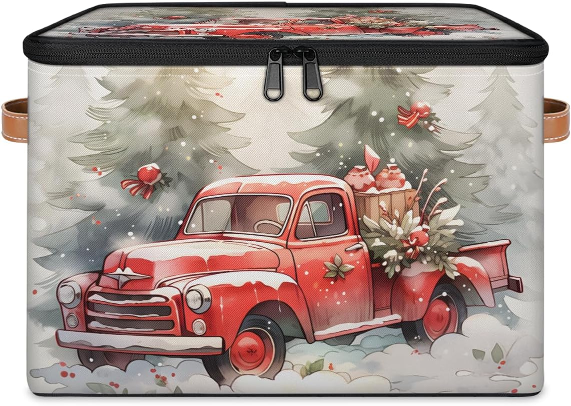 Christmas Red Truck Storage Box — Festive Fabric Organizer Bin with Zipper Lid & Side Handles, Foldable Large Capacity