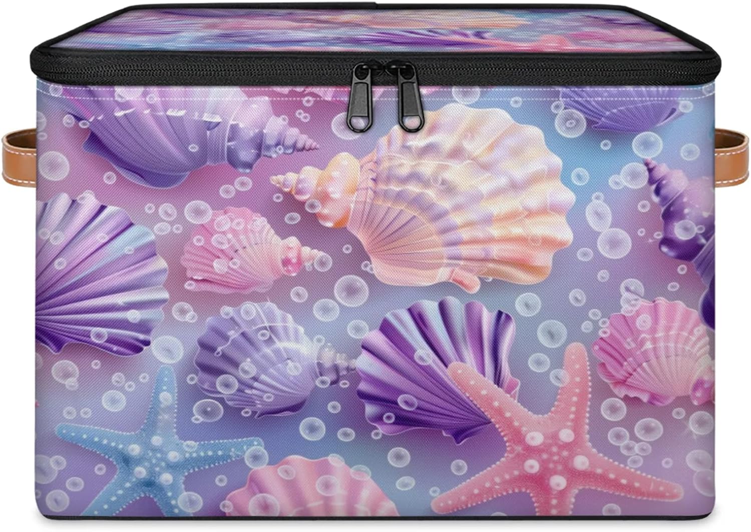 Ocean Seashell Print Storage Box | Large Fabric Foldable Organizer Bin with Zipper Lid and Handles | Toy, Clothes, Towels, and Book Storage