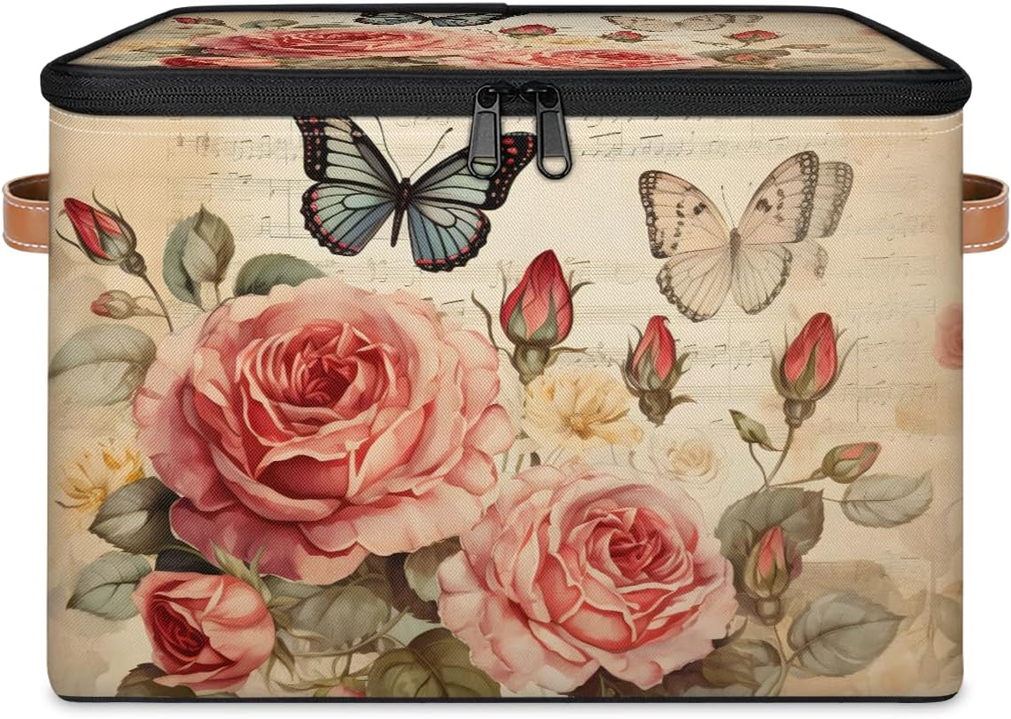 Vintage Rose and Butterfly Storage Box | Foldable Fabric Organizer with Zipper Lid and Handles | Large Capacity Toy, Clothes, and Book Bin