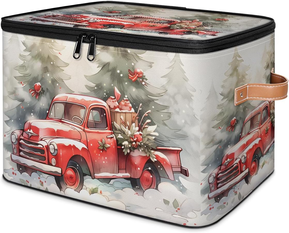Christmas Red Truck Storage Box — Festive Fabric Organizer Bin with Zipper Lid & Side Handles, Foldable Large Capacity