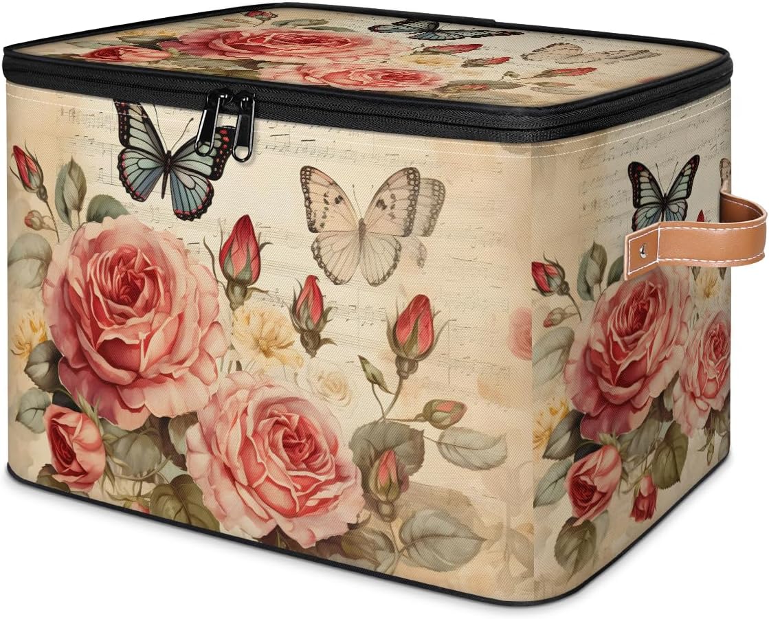 Vintage Rose and Butterfly Storage Box | Foldable Fabric Organizer with Zipper Lid and Handles | Large Capacity Toy, Clothes, and Book Bin