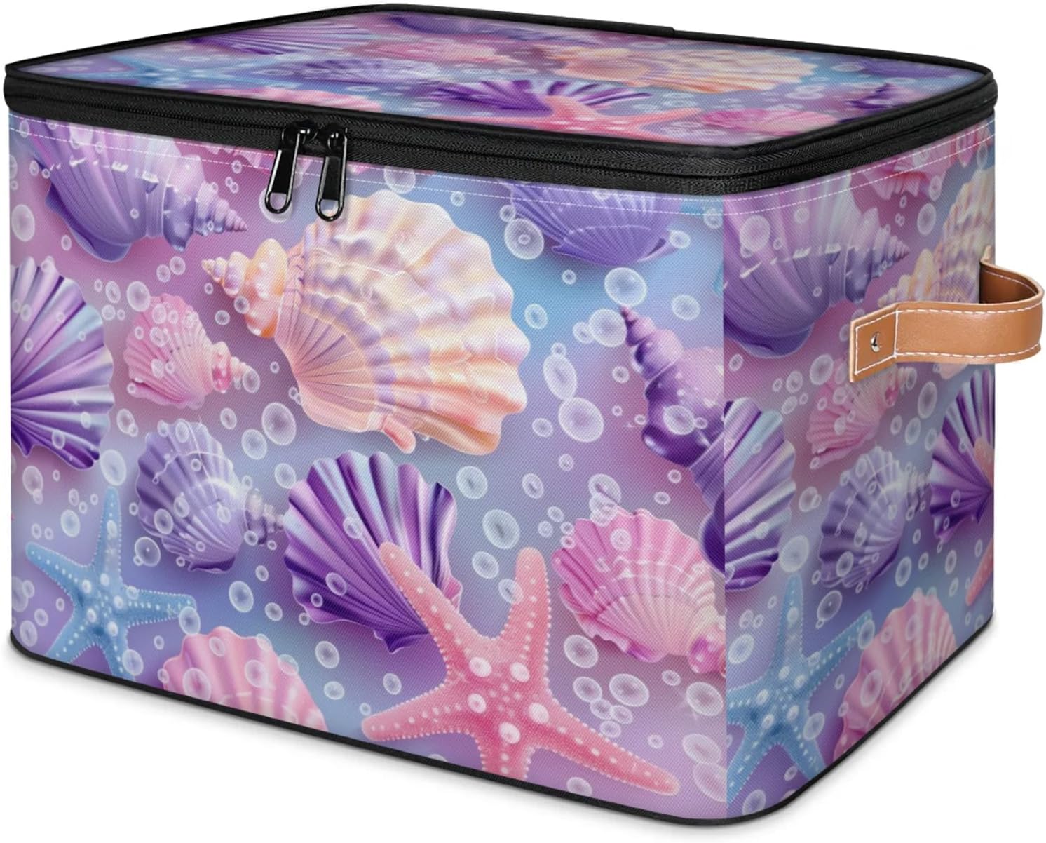 Ocean Seashell Print Storage Box | Large Fabric Foldable Organizer Bin with Zipper Lid and Handles | Toy, Clothes, Towels, and Book Storage