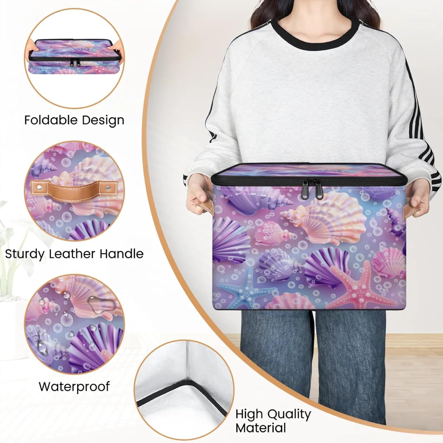 Ocean Seashell Print Storage Box | Large Fabric Foldable Organizer Bin with Zipper Lid and Handles | Toy, Clothes, Towels, and Book Storage