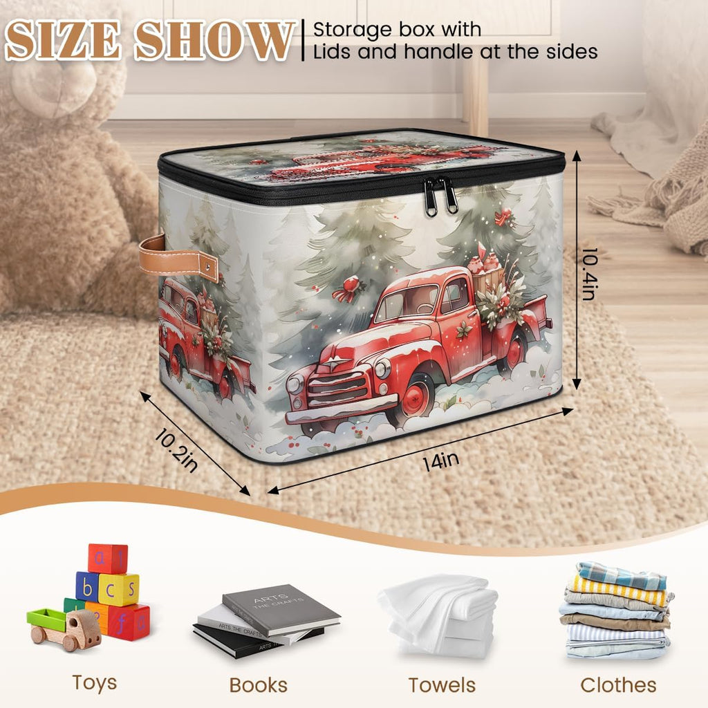 Christmas Red Truck Storage Box — Festive Fabric Organizer Bin with Zipper Lid & Side Handles, Foldable Large Capacity
