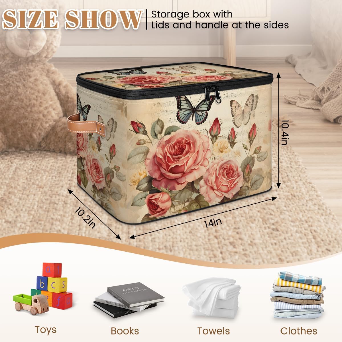 Vintage Rose and Butterfly Storage Box | Foldable Fabric Organizer with Zipper Lid and Handles | Large Capacity Toy, Clothes, and Book Bin