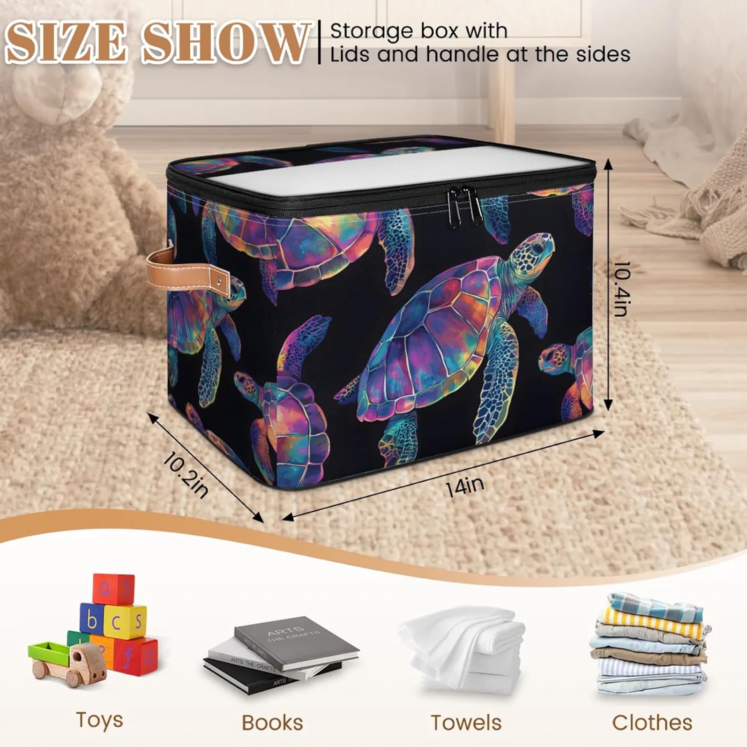 Colorful Sea Turtle Storage Box | Multi-Purpose Organizer with Zipper Lid & Side Handles | Storage Bin for Toys, Books, Clothes