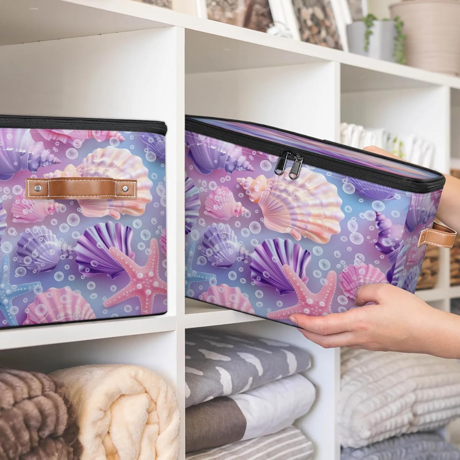 Ocean Seashell Print Storage Box | Large Fabric Foldable Organizer Bin with Zipper Lid and Handles | Toy, Clothes, Towels, and Book Storage