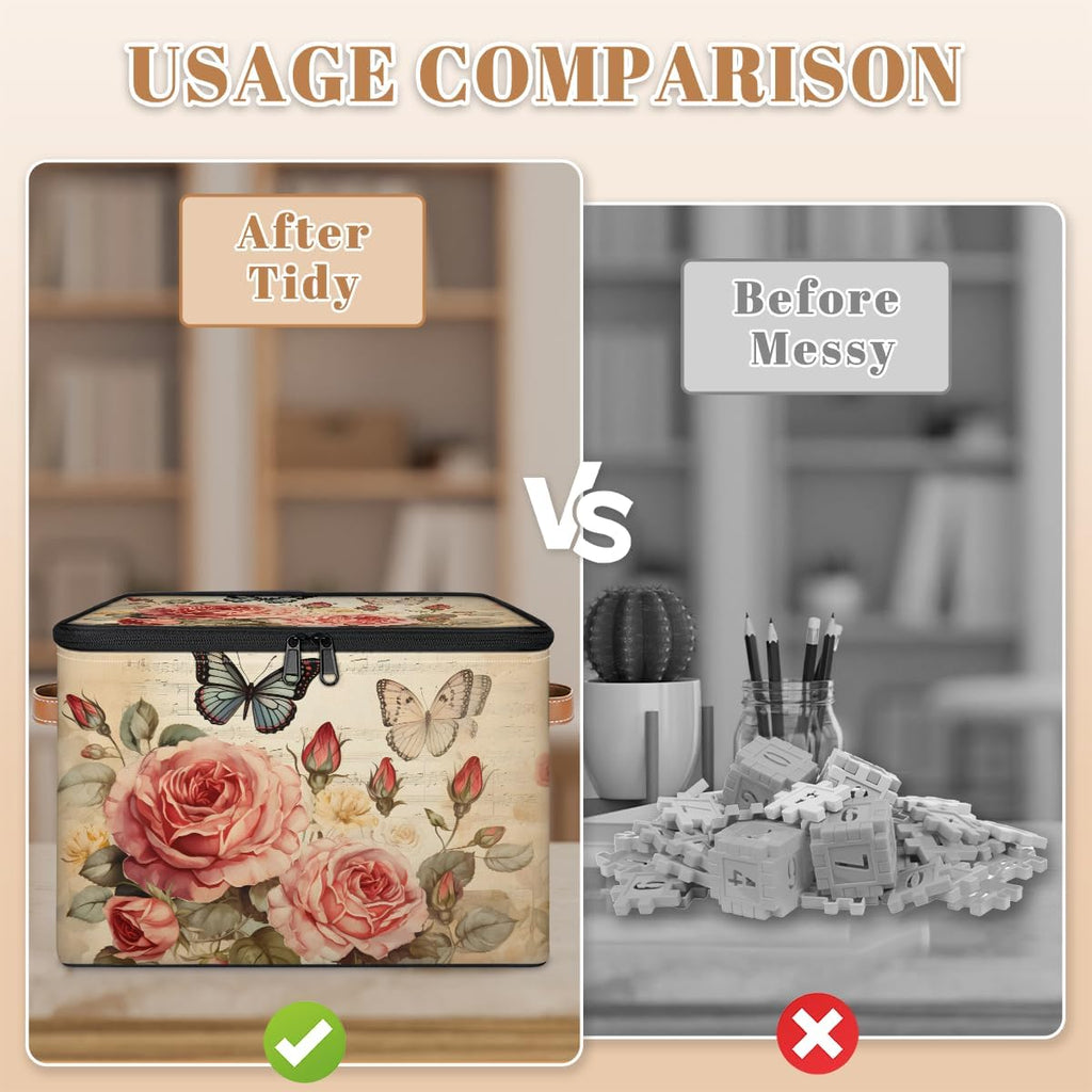 Vintage Rose and Butterfly Storage Box | Foldable Fabric Organizer with Zipper Lid and Handles | Large Capacity Toy, Clothes, and Book Bin