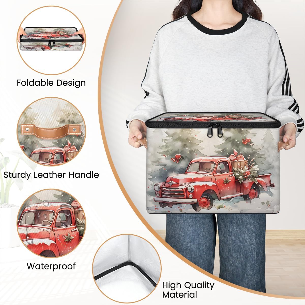 Christmas Red Truck Storage Box — Festive Fabric Organizer Bin with Zipper Lid & Side Handles, Foldable Large Capacity