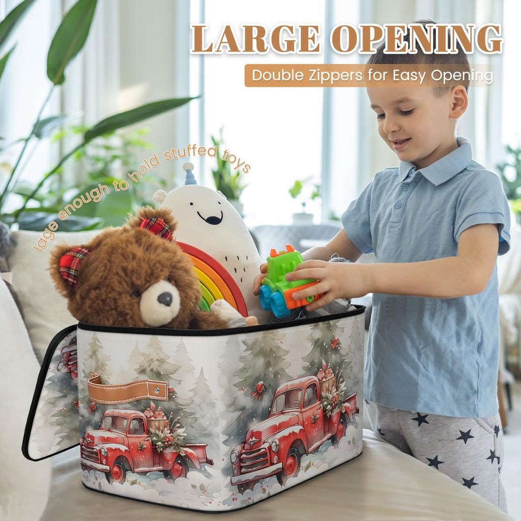 Christmas Red Truck Storage Box — Festive Fabric Organizer Bin with Zipper Lid & Side Handles, Foldable Large Capacity
