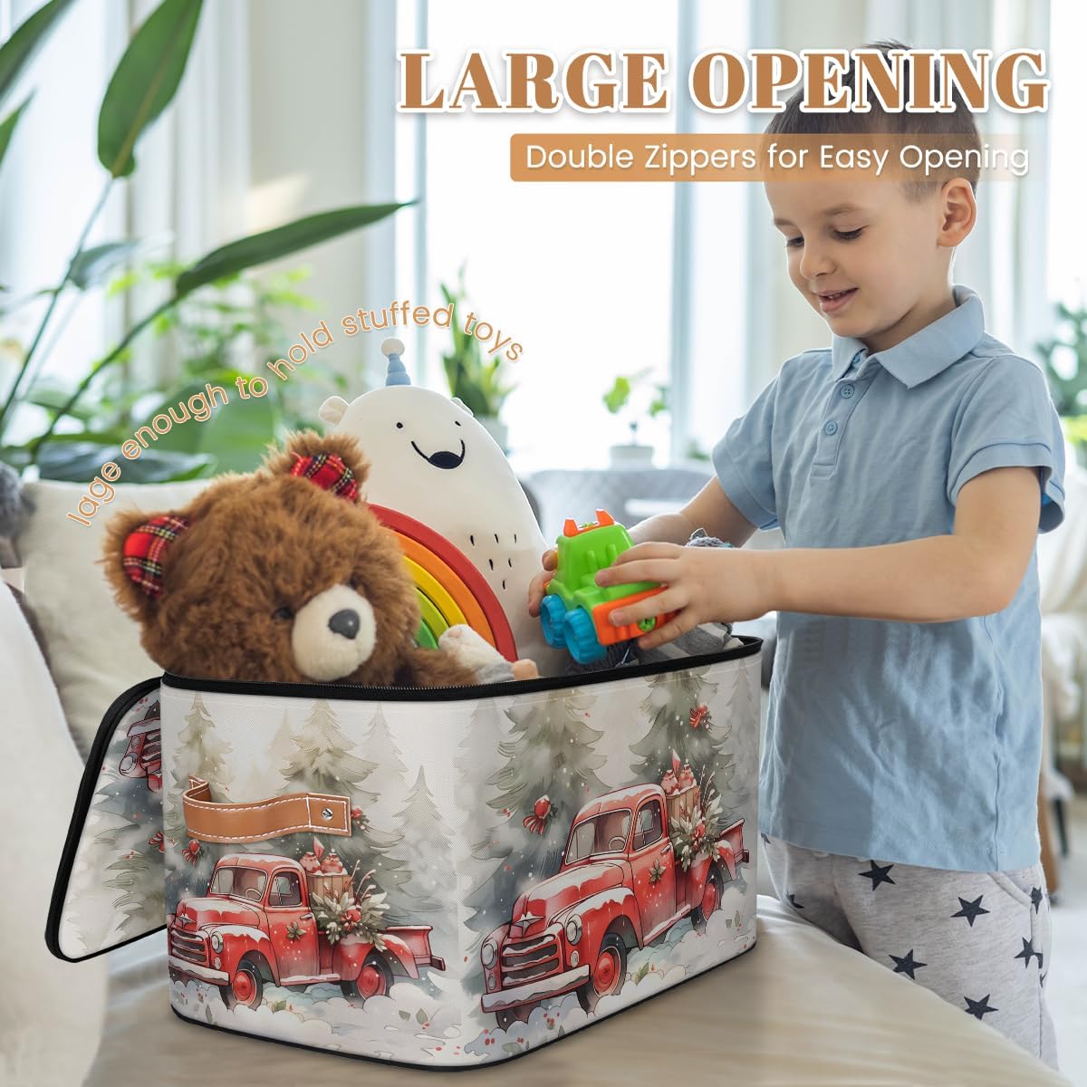 Christmas Red Truck Storage Box — Festive Fabric Organizer Bin with Zipper Lid & Side Handles, Foldable Large Capacity