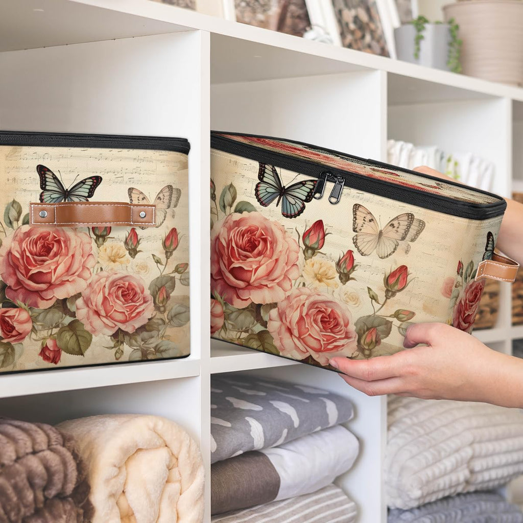 Vintage Rose and Butterfly Storage Box | Foldable Fabric Organizer with Zipper Lid and Handles | Large Capacity Toy, Clothes, and Book Bin