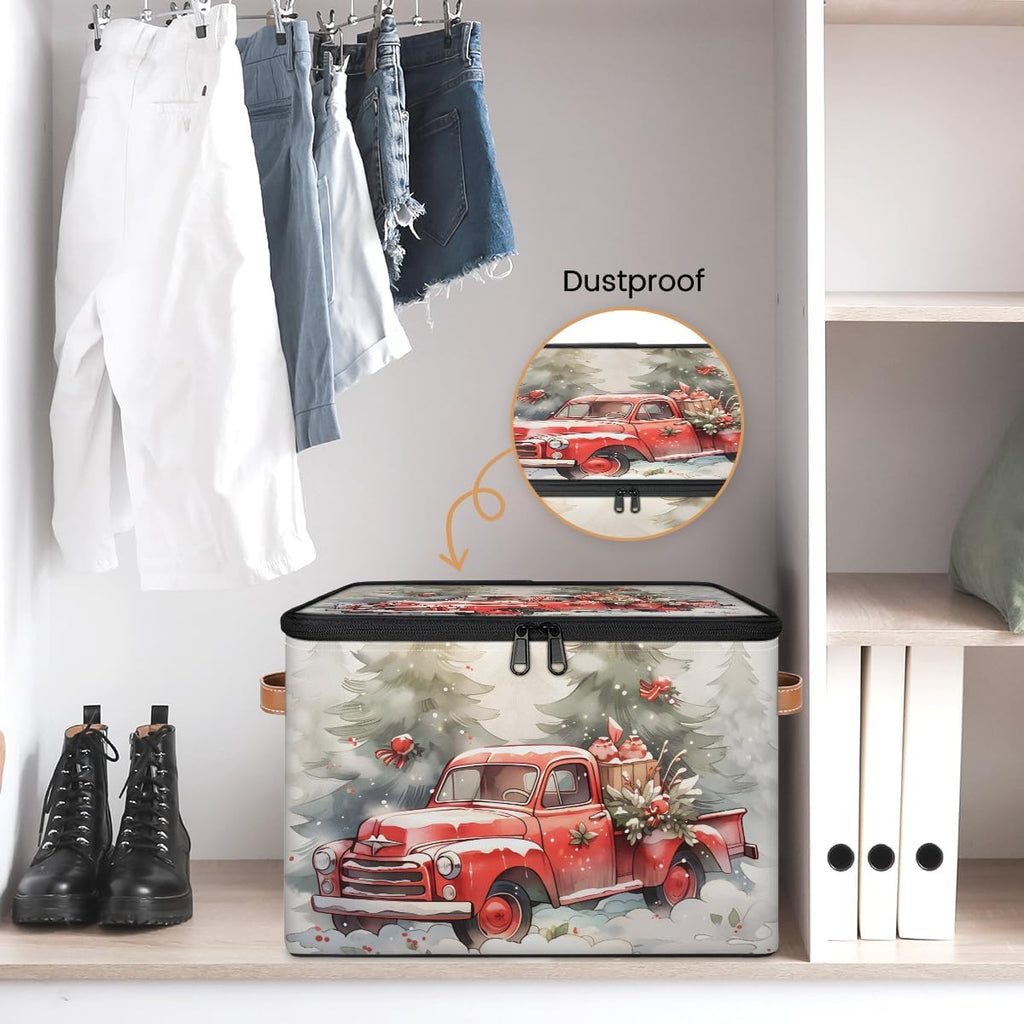 Christmas Red Truck Storage Box — Festive Fabric Organizer Bin with Zipper Lid & Side Handles, Foldable Large Capacity