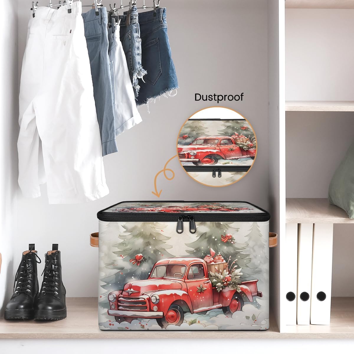 Christmas Red Truck Storage Box — Festive Fabric Organizer Bin with Zipper Lid & Side Handles, Foldable Large Capacity