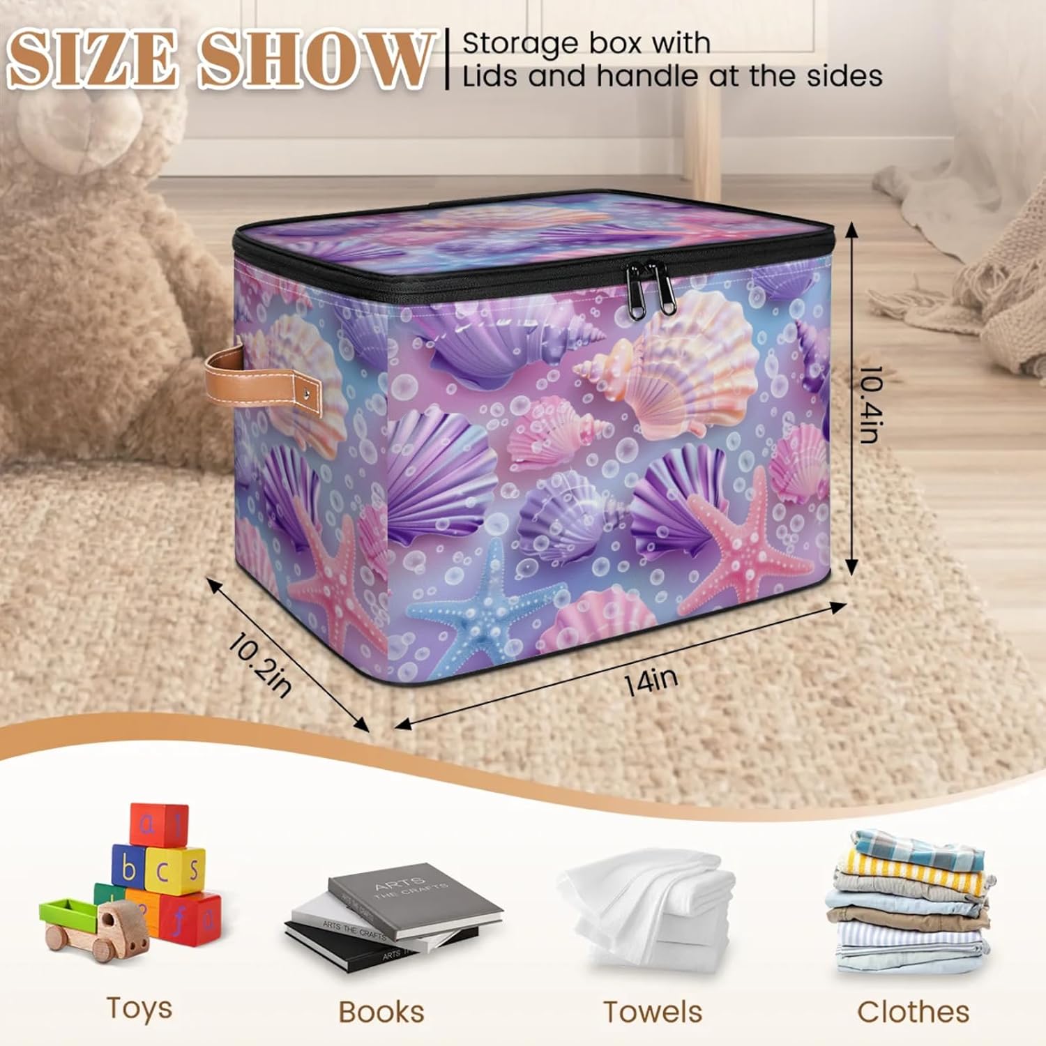 Ocean Seashell Print Storage Box | Large Fabric Foldable Organizer Bin with Zipper Lid and Handles | Toy, Clothes, Towels, and Book Storage