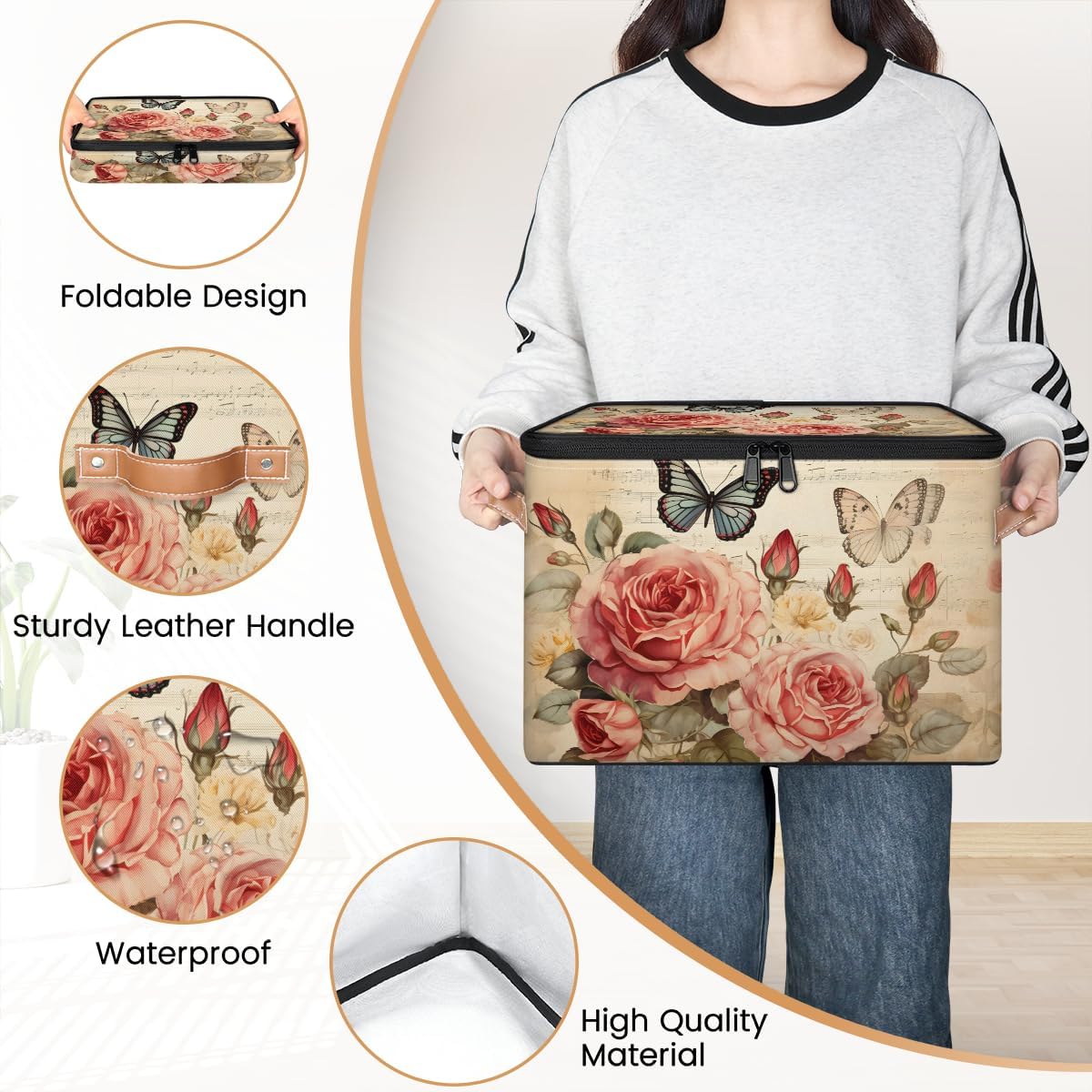 Vintage Rose and Butterfly Storage Box | Foldable Fabric Organizer with Zipper Lid and Handles | Large Capacity Toy, Clothes, and Book Bin