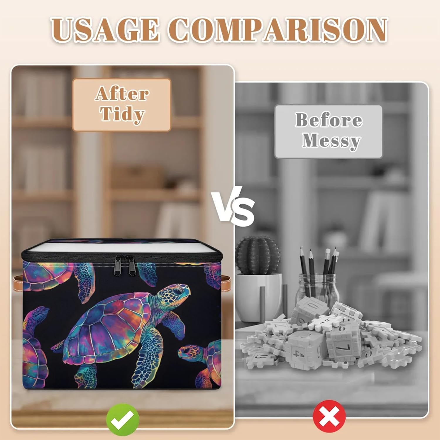 Colorful Sea Turtle Storage Box | Multi-Purpose Organizer with Zipper Lid & Side Handles | Storage Bin for Toys, Books, Clothes