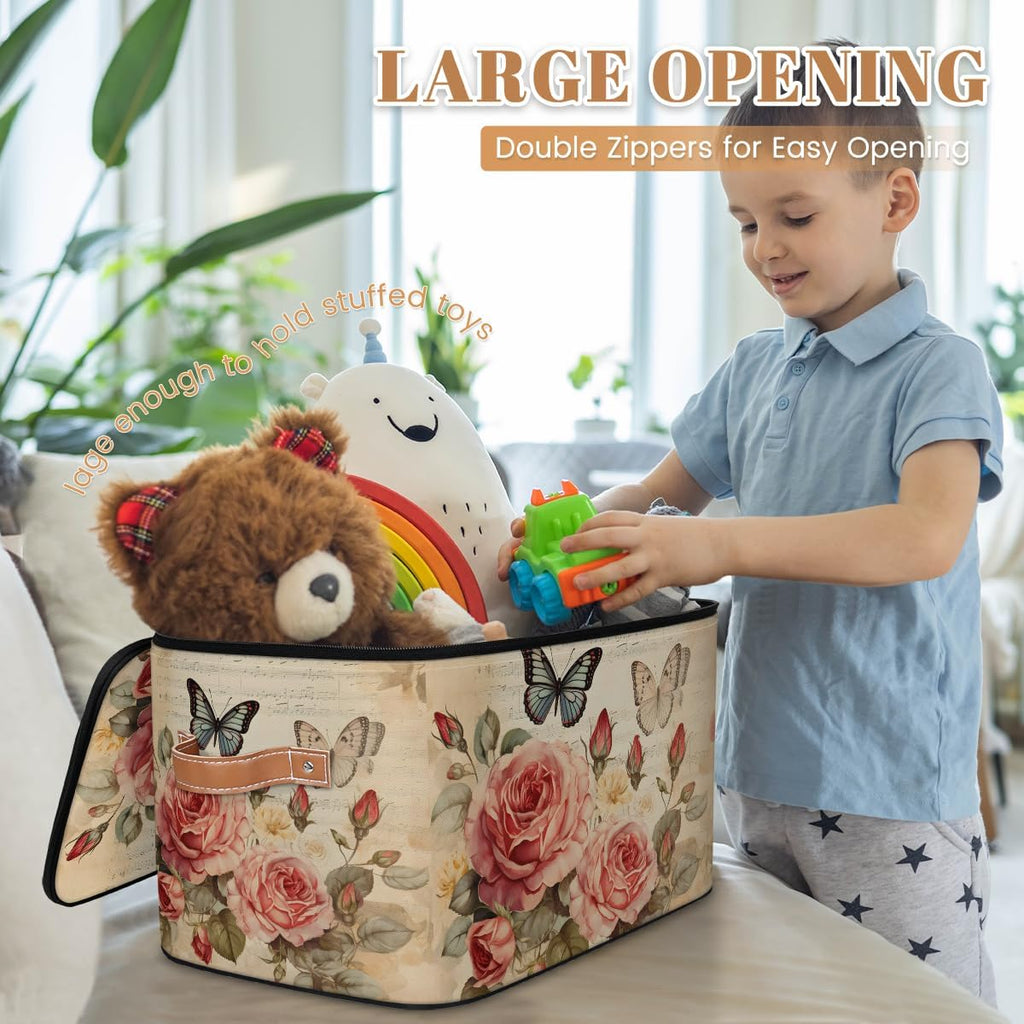 Vintage Rose and Butterfly Storage Box | Foldable Fabric Organizer with Zipper Lid and Handles | Large Capacity Toy, Clothes, and Book Bin