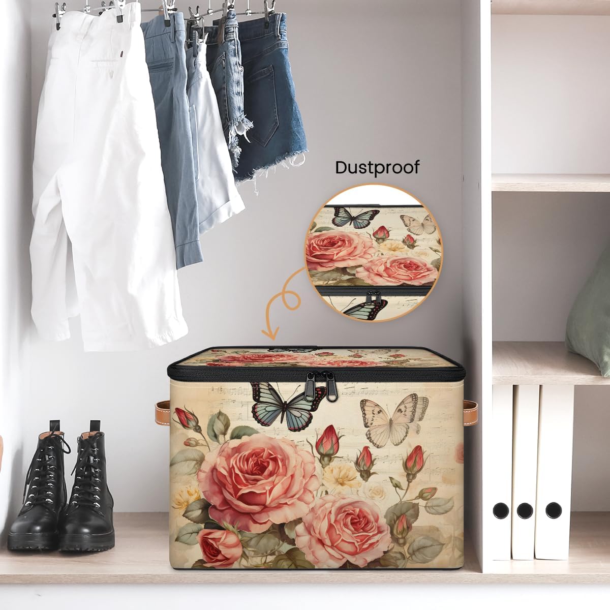 Vintage Rose and Butterfly Storage Box | Foldable Fabric Organizer with Zipper Lid and Handles | Large Capacity Toy, Clothes, and Book Bin