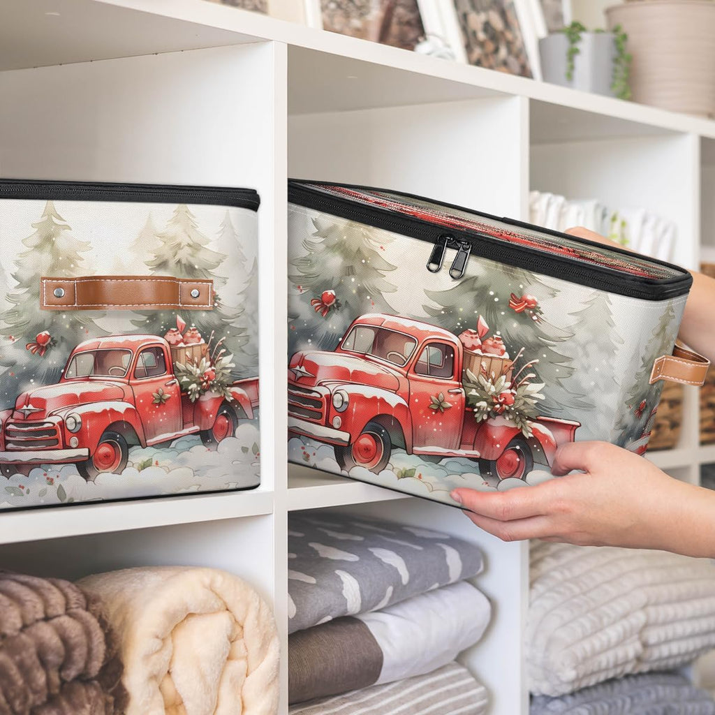 Christmas Red Truck Storage Box — Festive Fabric Organizer Bin with Zipper Lid & Side Handles, Foldable Large Capacity