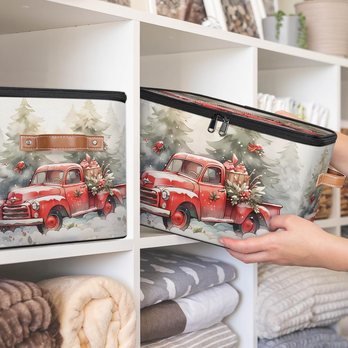Christmas Red Truck Storage Box — Festive Fabric Organizer Bin with Zipper Lid & Side Handles, Foldable Large Capacity